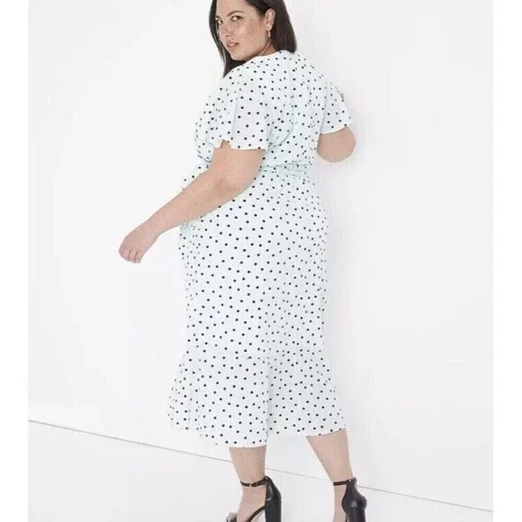 NWT Lane Bryant Faux Wrap Dress Size 16 Polka Dot Flirty Blue Midi Ruffle $90 - Picture 2 of 11